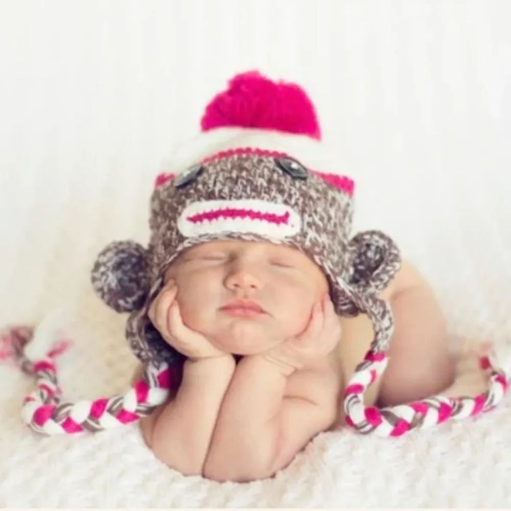 Daisy Baby Unisex Infant Beanie Hat Lulu Sock Monkey in Hot Pink 0-6 months NWT